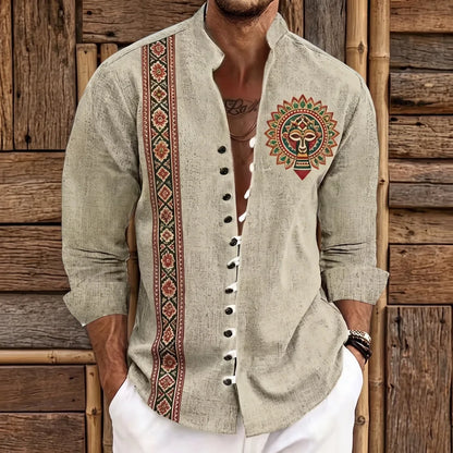 Chemise homme en fibre de bambou, bande florale ethnique rouge et or, patch mandala visage soleil