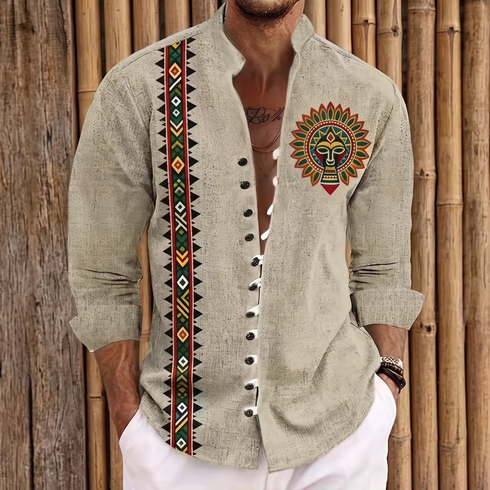 Chemise homme en fibre de bambou, imprimé ethnique bande aztèque et patch médaillon soleil tribal