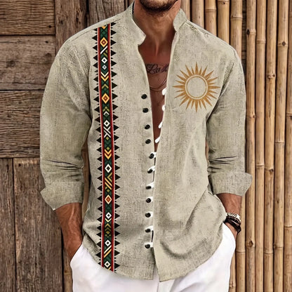Chemise homme en fibre de bambou, imprimé ethnique bande aztèque noire et patch soleil doré