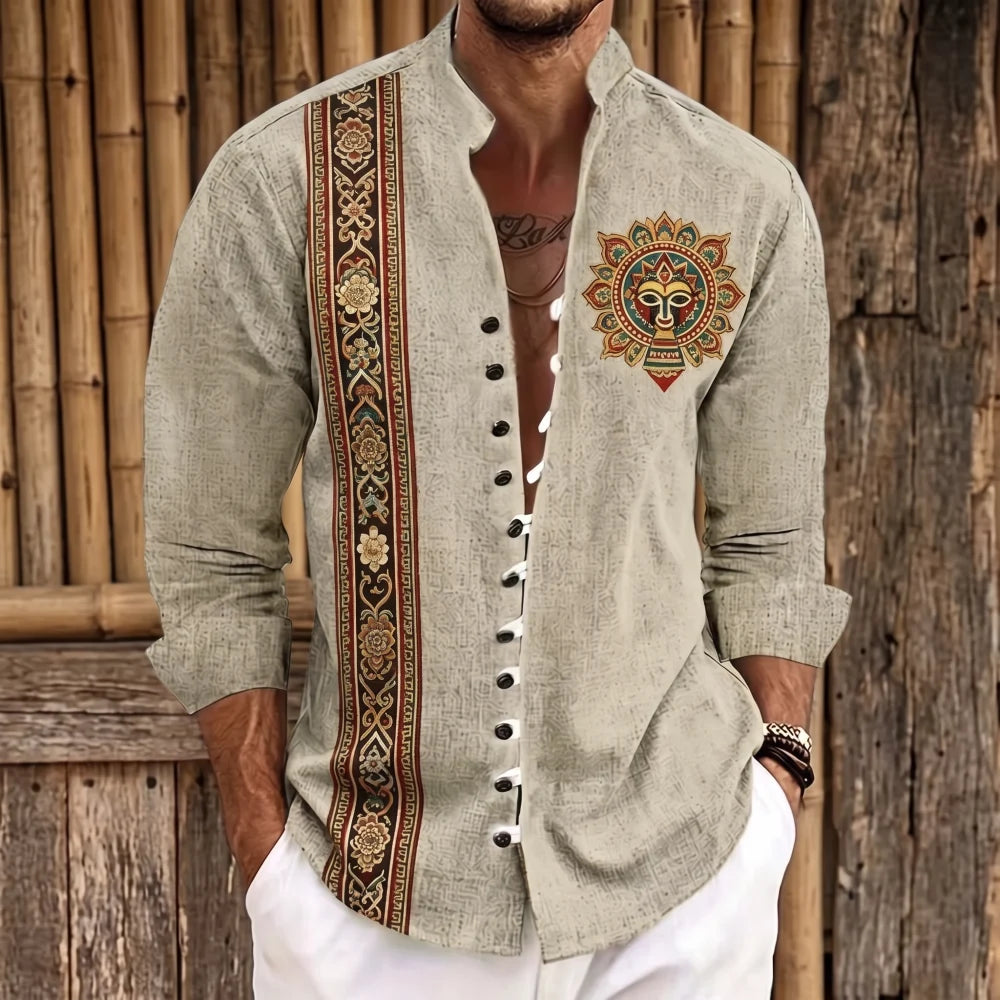 Chemise homme en fibre de bambou, bande brodée florale ethnique brune, patch médaillon soleil doré