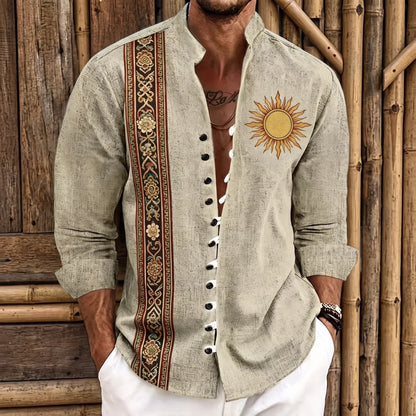 Chemise homme en fibre de bambou, bande brodée florale baroque brune et patch soleil mandala doré