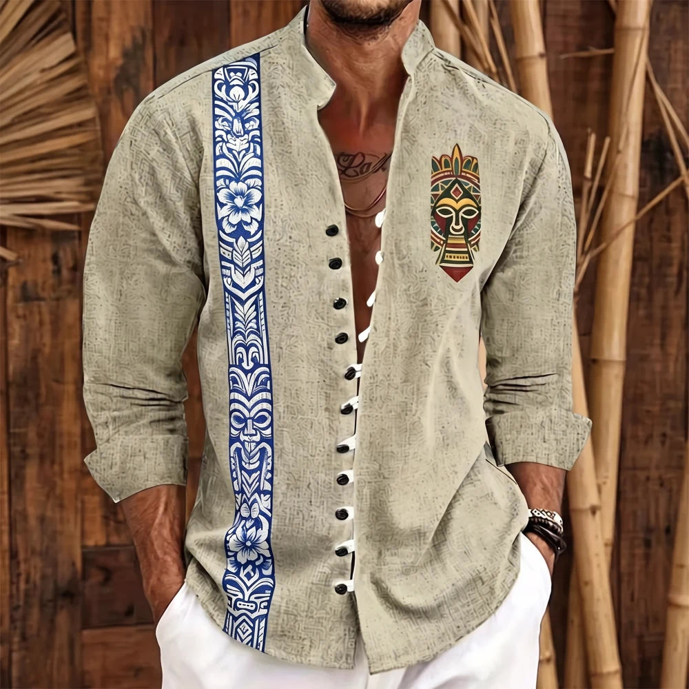 Chemise homme en fibre de bambou, bande florale ethnique bleue et patch masque tribal coloré