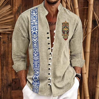 Chemise homme en fibre de bambou, bande florale ethnique bleue et patch masque tribal coloré