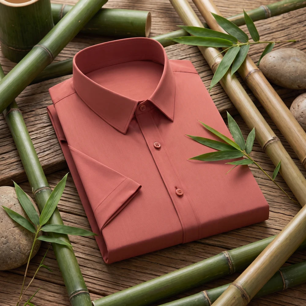 Chemise homme en fibre de bambou manches courtes couleur brique, pliée sur fond de tiges de bambou
