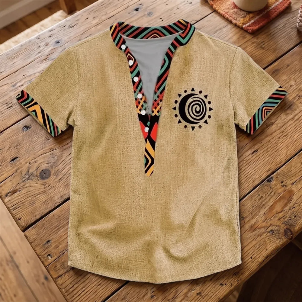 Chemise homme en fibre de bambou manches courtes moutarde, liseré ethnique aztèque coloré et patch soleil spirale poitrine