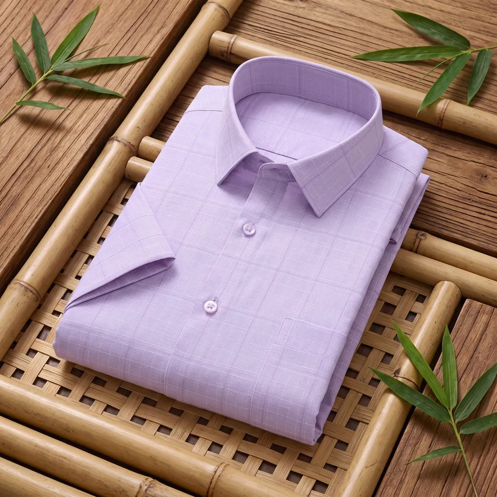 Chemise homme en fibre de bambou manches courtes mauve à carreaux fins, pliée sur fond bambou naturel