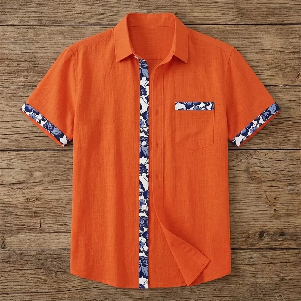 Chemise homme en fibre de bambou manches courtes orange, empiècements imprimé céramique bleu