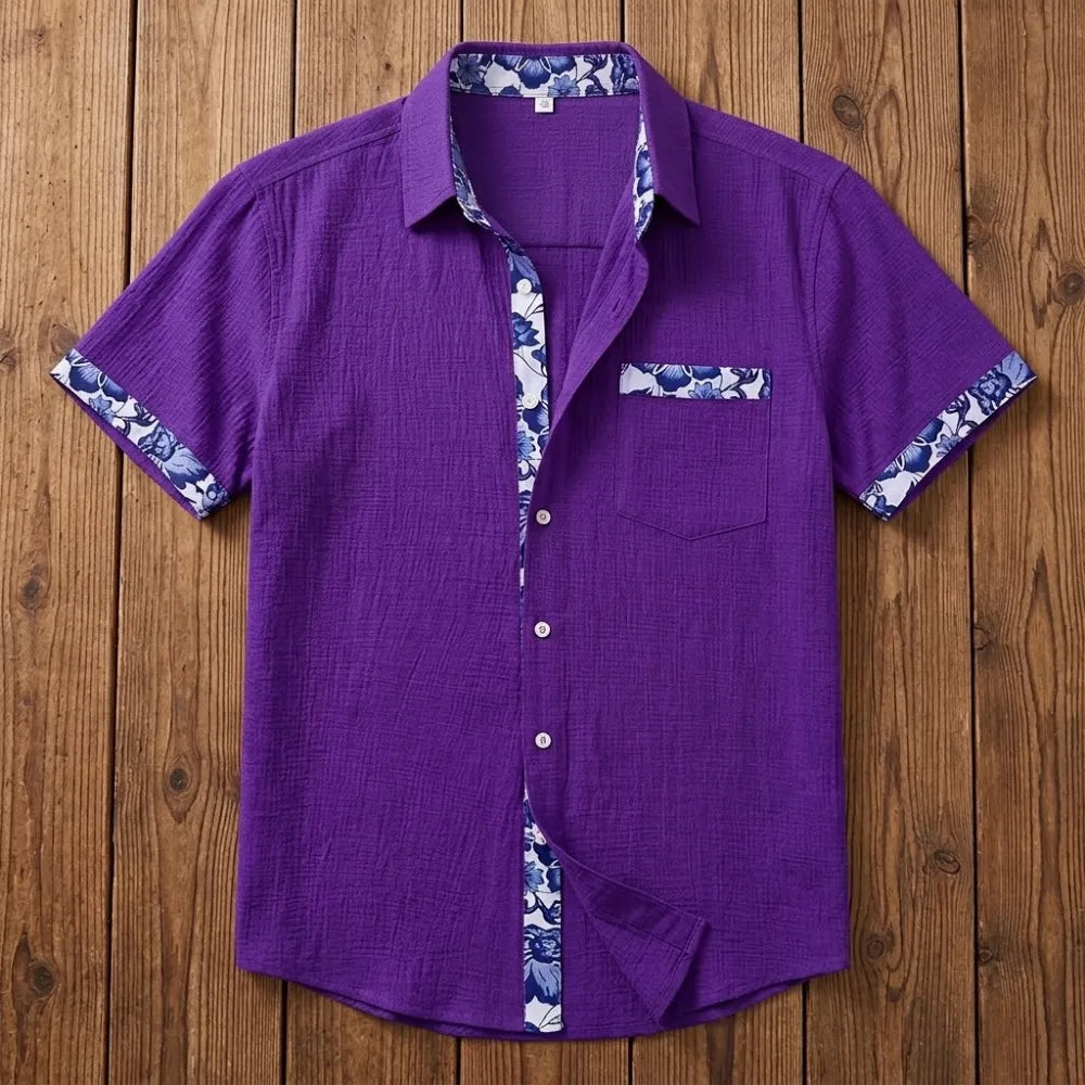Chemise homme en fibre de bambou manches courtes pourpre, empiècements imprimé céramique bleu