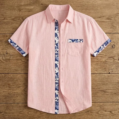 Chemise homme en fibre de bambou manches courtes rose pâle, empiècements imprimé céramique bleu