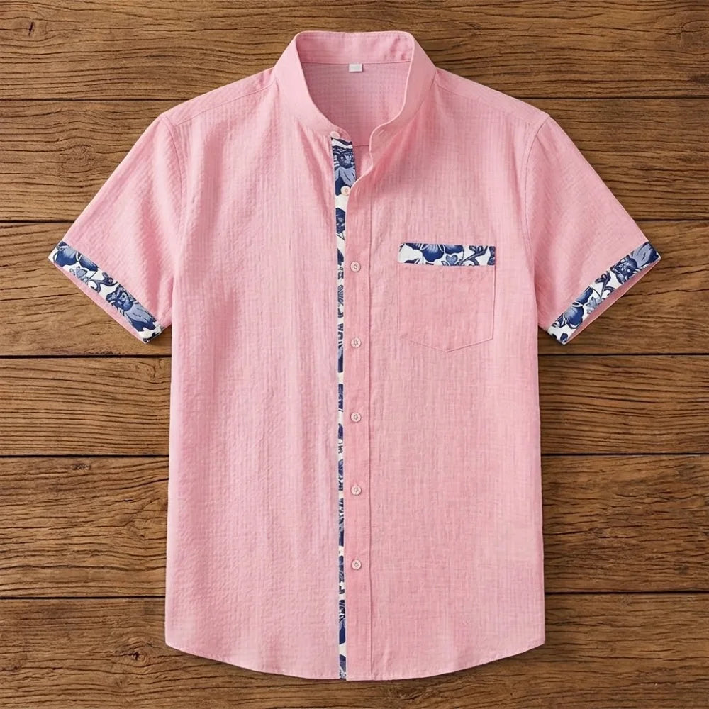 Chemise homme en fibre de bambou manches courtes rose, empiècements imprimé céramique bleu