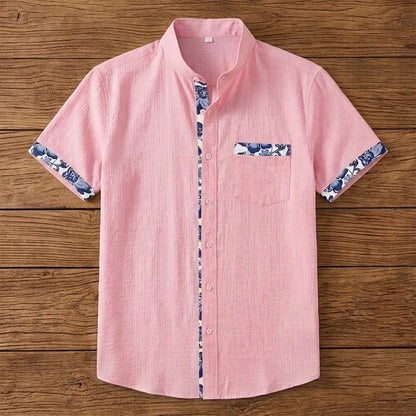 Chemise homme en fibre de bambou manches courtes rose, empiècements imprimé céramique bleu