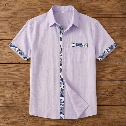 Chemise homme en fibre de bambou manches courtes violette, empiècements imprimé céramique bleu