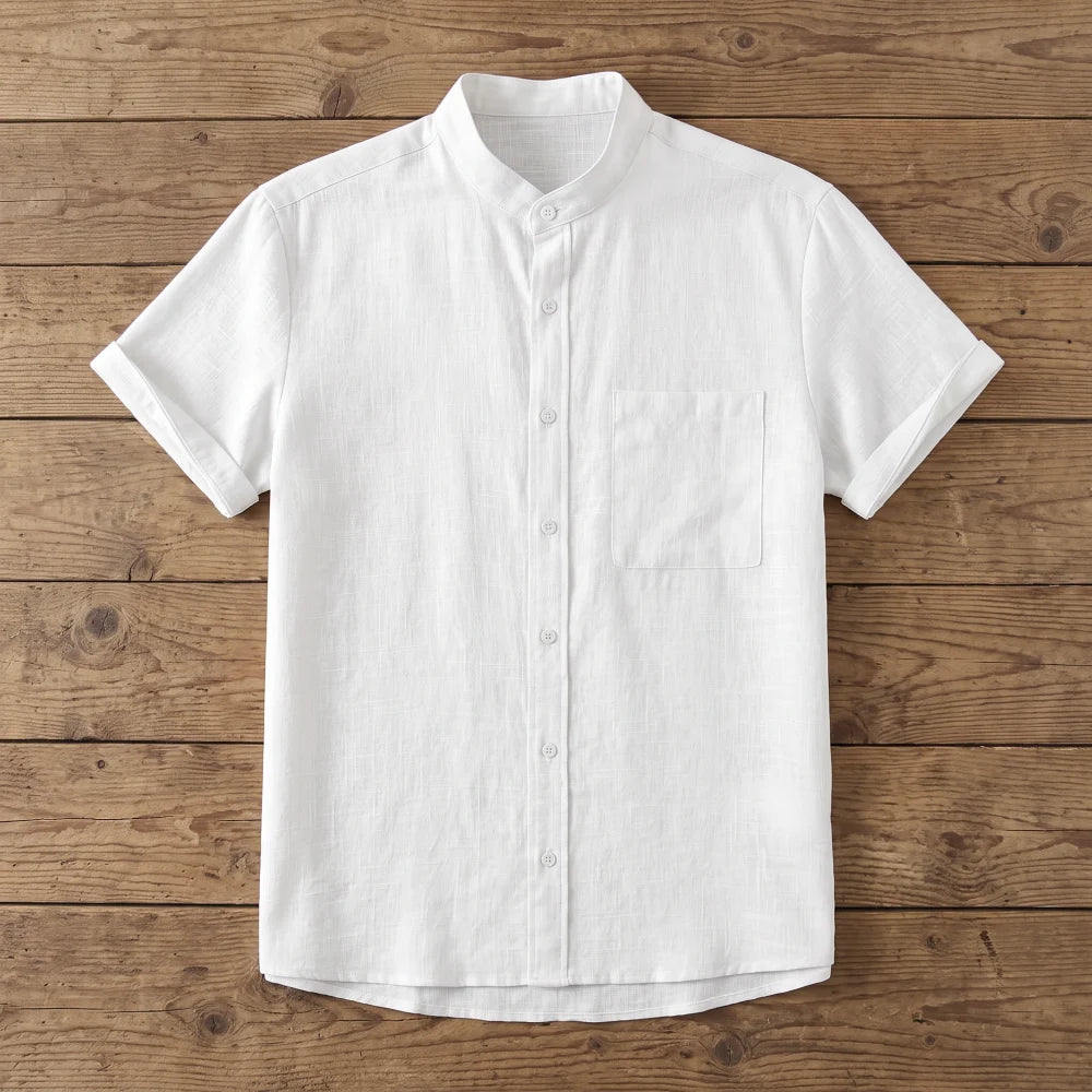 Chemise homme en fibre de bambou manches courtes unie blanche, col mandarin et poche poitrine