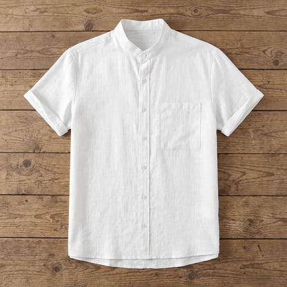 Chemise homme en fibre de bambou manches courtes unie blanche, col mandarin et poche poitrine