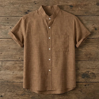 Chemise homme en fibre de bambou manches courtes unie marron foncé, col mandarin et poche poitrine