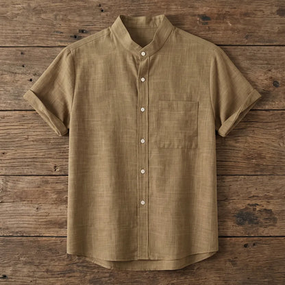 Chemise homme en fibre de bambou manches courtes unie marron clair, col mandarin et poche poitrine