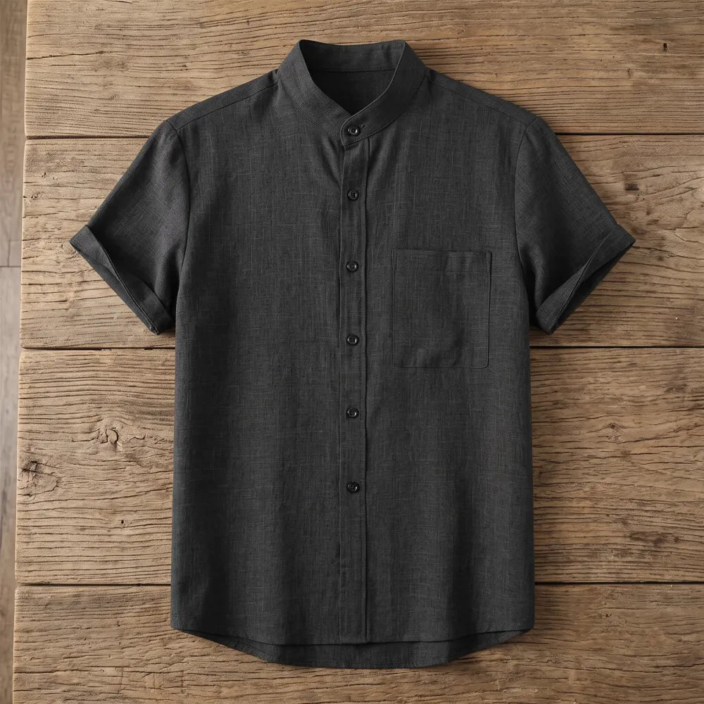 Chemise homme en fibre de bambou manches courtes unie noire, col mandarin et poche poitrine
