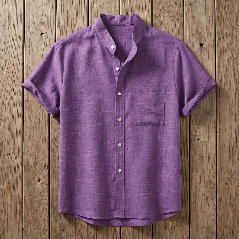 Chemise homme en fibre de bambou manches courtes unie pourpre, col mandarin et poche poitrine