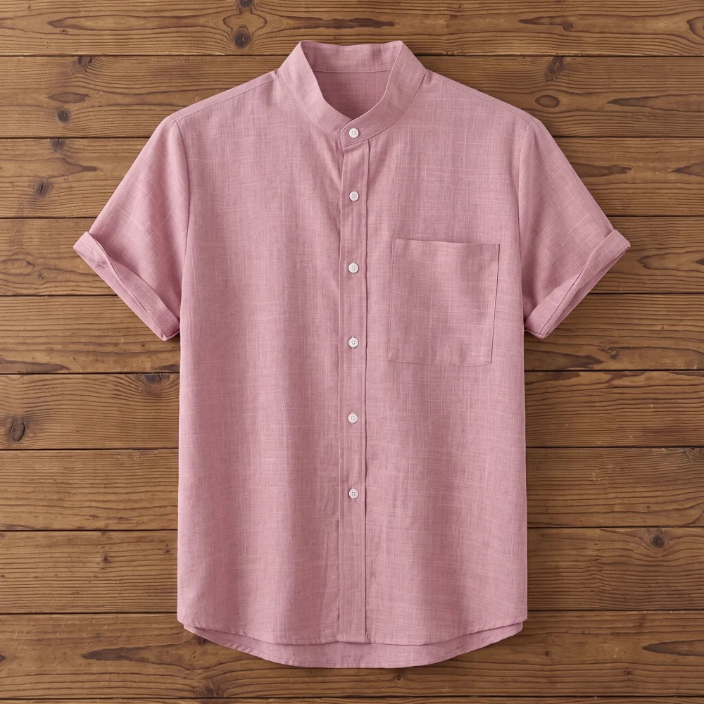 Chemise homme en fibre de bambou manches courtes unie rose, col mandarin et poche poitrine
