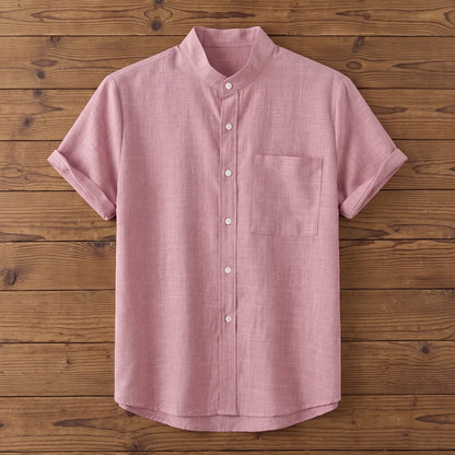 Chemise homme en fibre de bambou manches courtes unie rose, col mandarin et poche poitrine