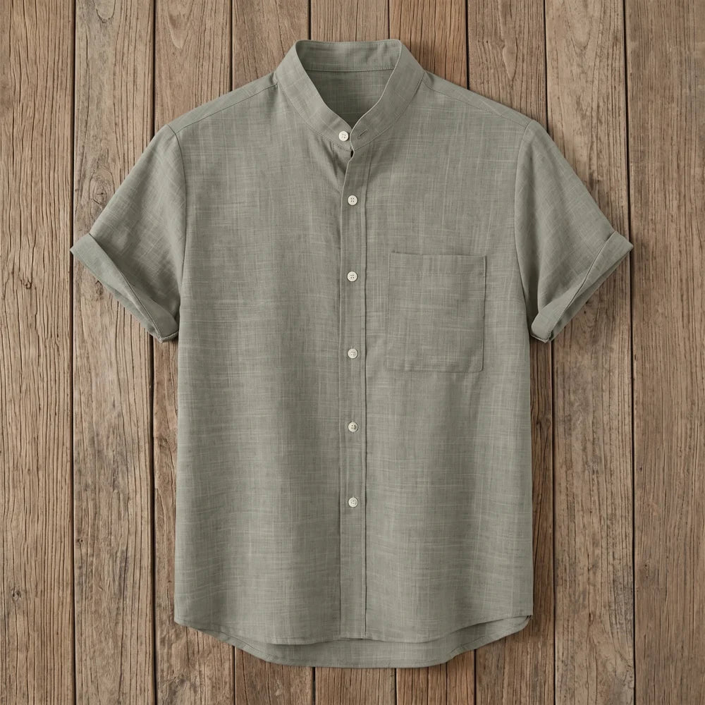 Chemise homme en fibre de bambou manches courtes unie vert gris, col mandarin et poche poitrine