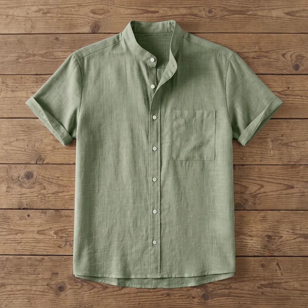 Chemise homme en fibre de bambou manches courtes unie verte, col mandarin et poche poitrine