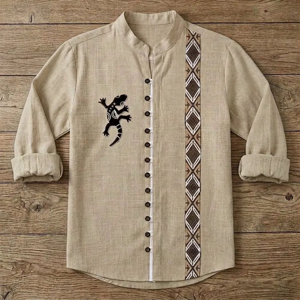 Chemise homme bambou manches longues beige motif lézard tribal, col mandarin