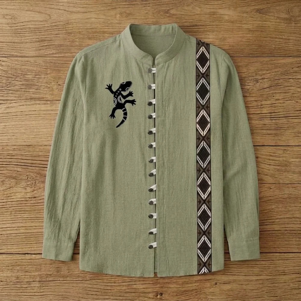 Chemise homme bambou manches longues vert sauge motif lézard tribal, bande losanges
