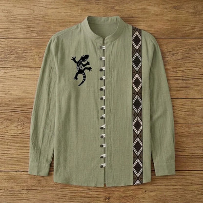 Chemise homme bambou manches longues vert sauge motif lézard tribal, bande losanges