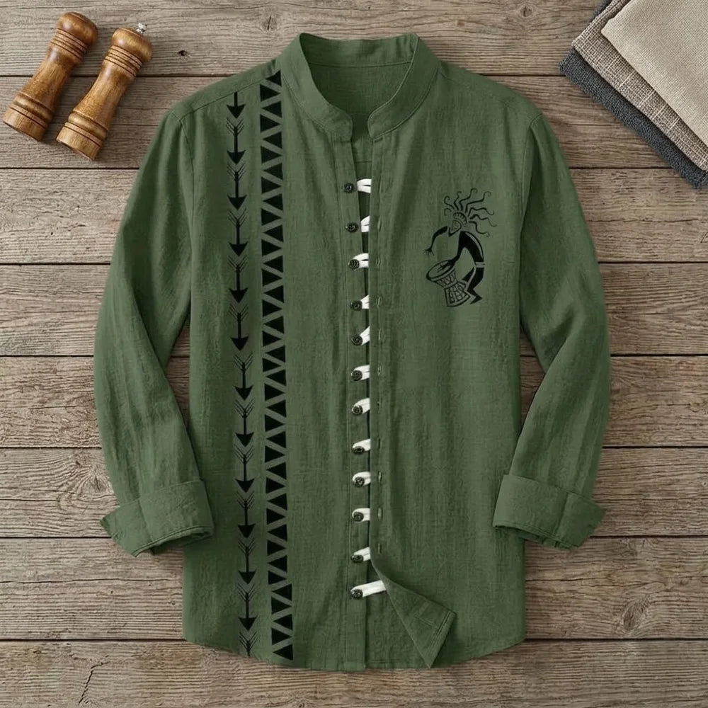 Chemise homme bambou manches longues vert olive motif danseur tribal, col mandarin