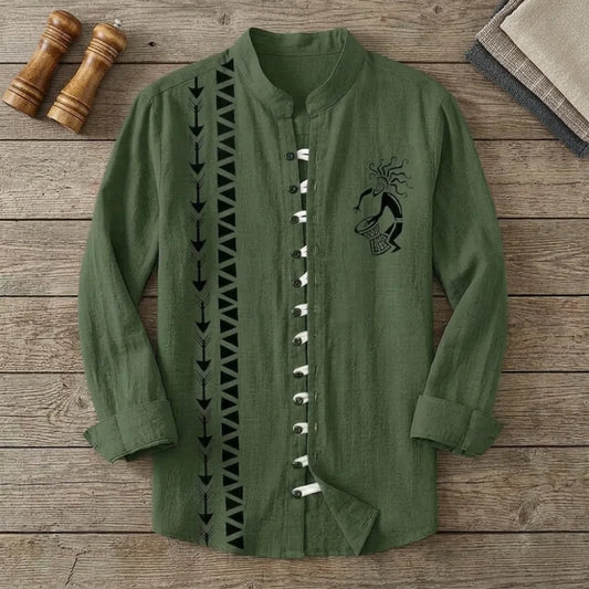 Chemise homme bambou manches longues vert olive motif danseur tribal, col mandarin
