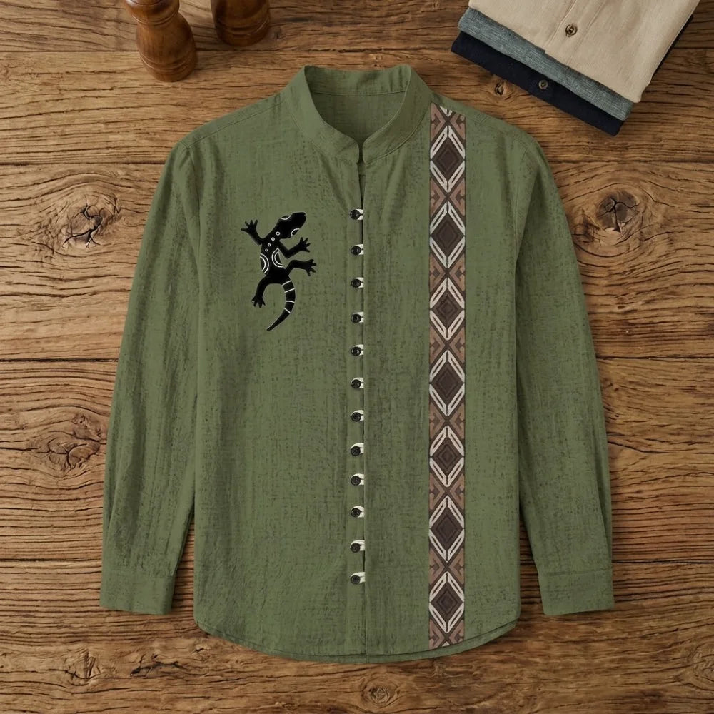 Chemise homme bambou manches longues vert olive motif lézard tribal, bande losanges