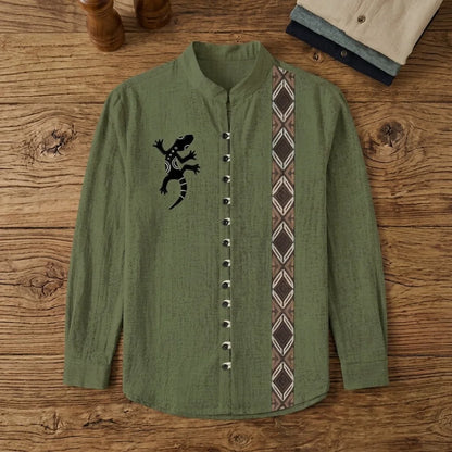 Chemise homme bambou manches longues vert olive motif lézard tribal, bande losanges
