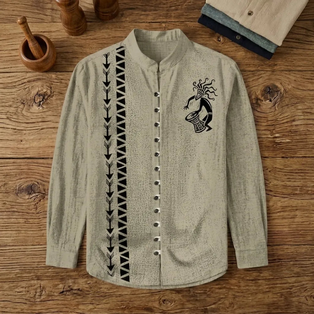 Chemise homme bambou manches longues beige taupe motif danseur tribal, col mandarin