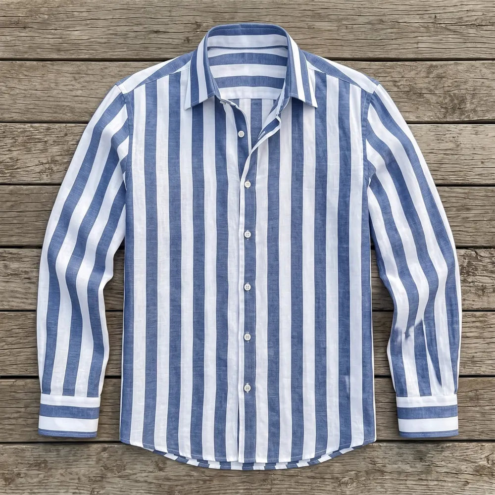 Chemise homme en fibre de bambou manches longues rayée bleu clair, col classique et manches longues