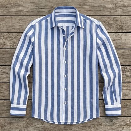 Chemise homme en fibre de bambou manches longues rayée bleu clair, col classique et manches longues