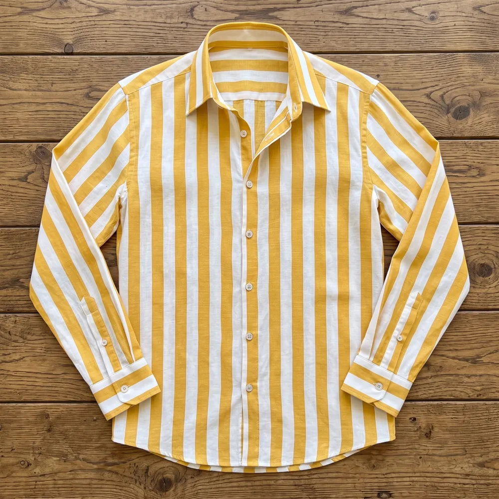 Chemise homme en fibre de bambou manches longues rayée jaune moutarde et blanc, col classique