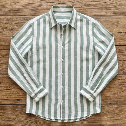Chemise homme en fibre de bambou manches longues rayée vert sauge et blanc, col classique