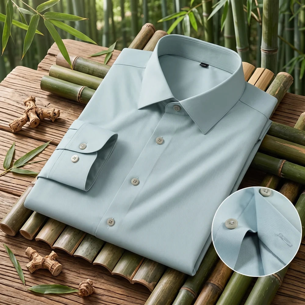 Chemise homme en fibre de bambou coupe slim vert sauge, pliée avec gros plan sur le col et le poignet, fond bambou naturel