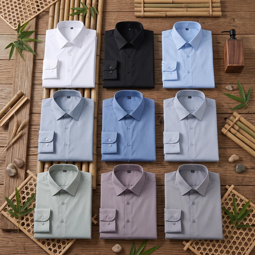 Neuf chemises homme en fibre de bambou coupe slim, coloris blanc, noir, bleu, bleu gris, vert sauge et gris, pliées sur fond bambou