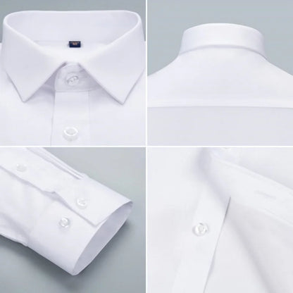 Gros plan sur le col, le poignet et les boutons d'une chemise homme en fibre de bambou blanche