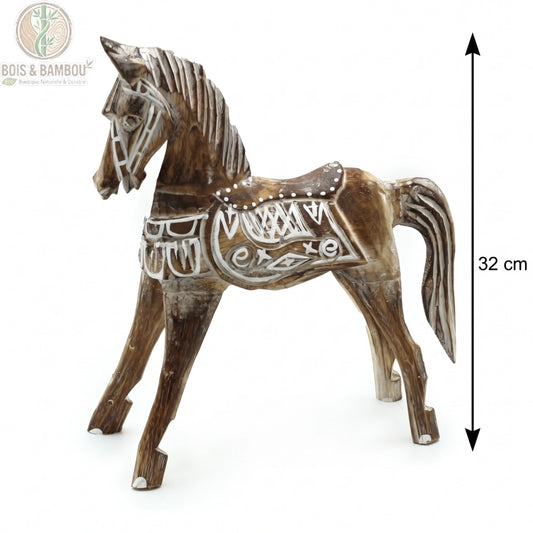 Cheval en bois sculpté antique 32 cm, finition patinée blanchie, vue de profil