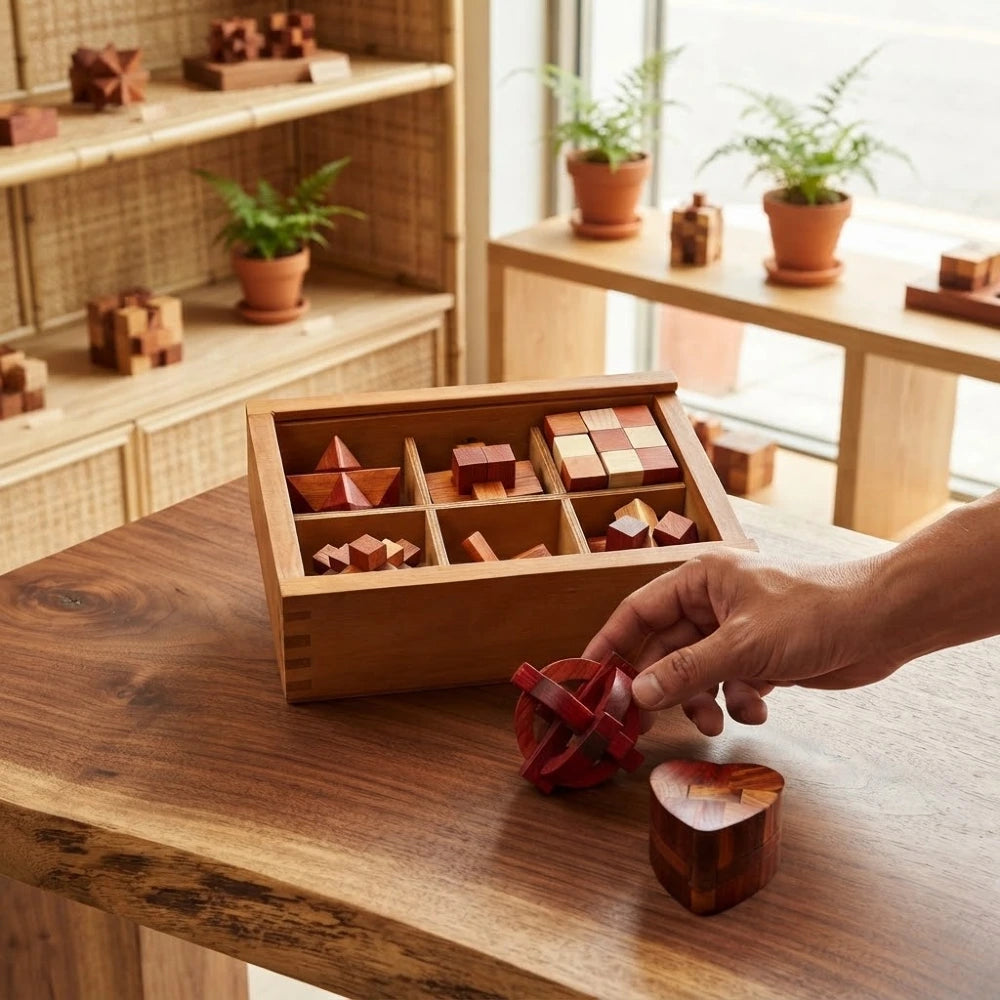Coffret de casse-têtes chinois en bois ouvert sur une table, avec une boule et un cœur casse-tête posés devant