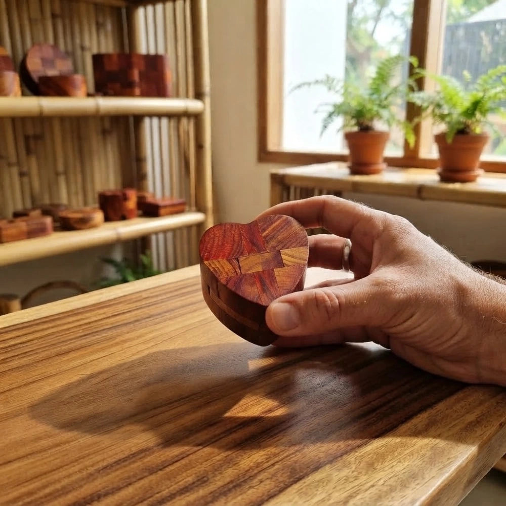 Casse-tête chinois en bois en forme de cœur, bois marqueté, tenu en main