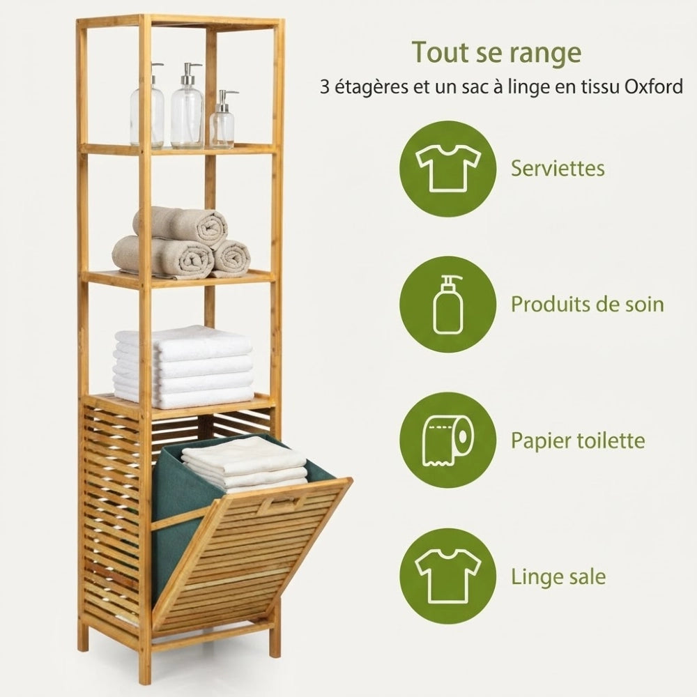 Colonne bambou avec étagères et sac à linge en tissu Oxford