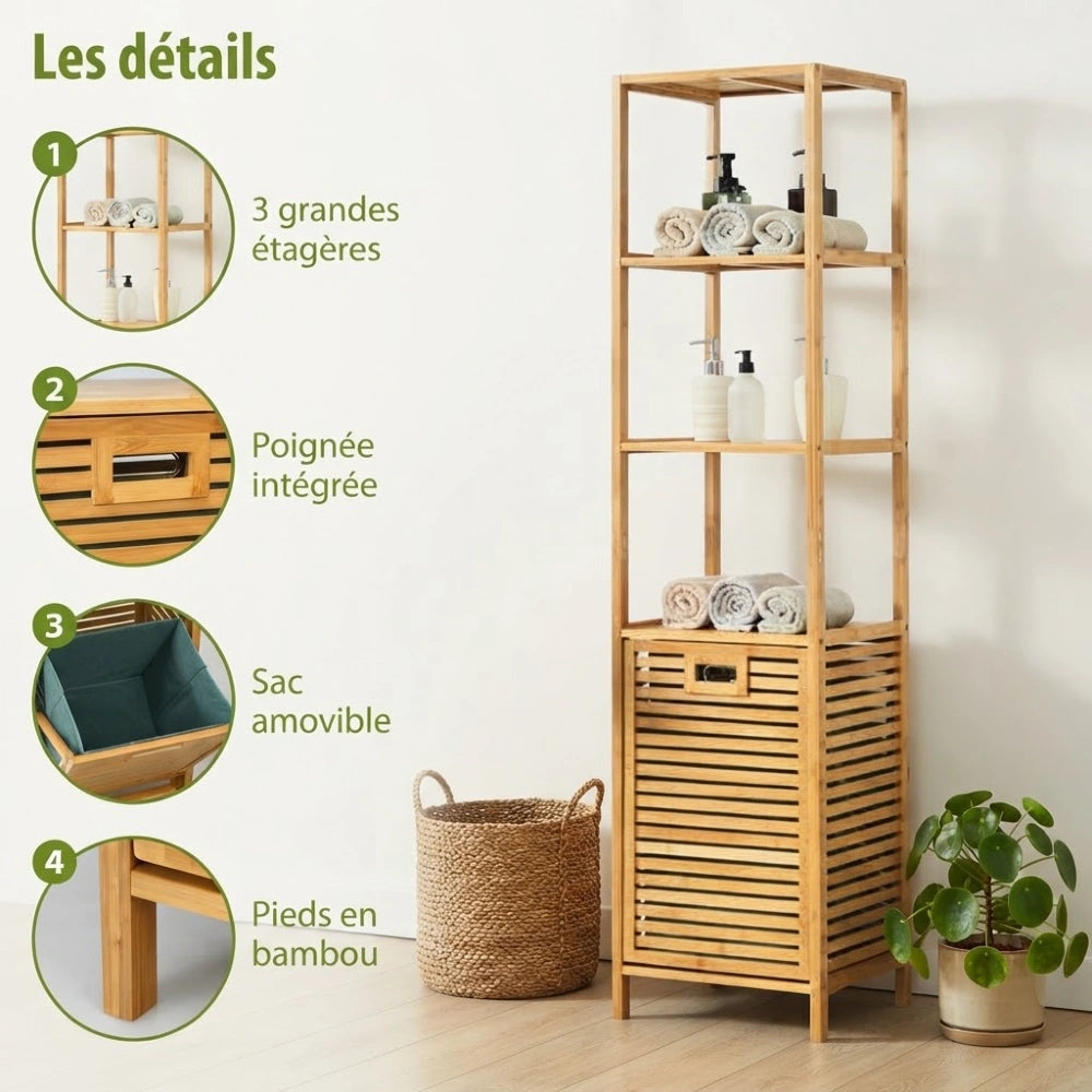 Détails de la colonne bambou : étagères, poignée, sac amovible et pieds