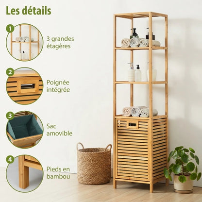 Détails de la colonne bambou : étagères, poignée, sac amovible et pieds