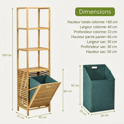 Dimensions de la colonne bambou 160 par 40 cm et de son sac à linge