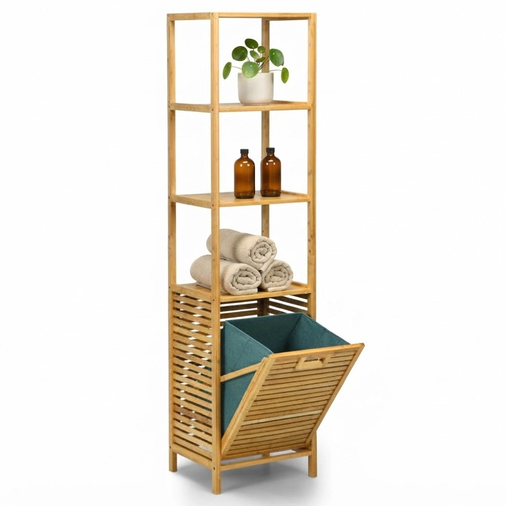 Colonne de salle de bain en bambou avec panier à linge ouvert sur fond blanc