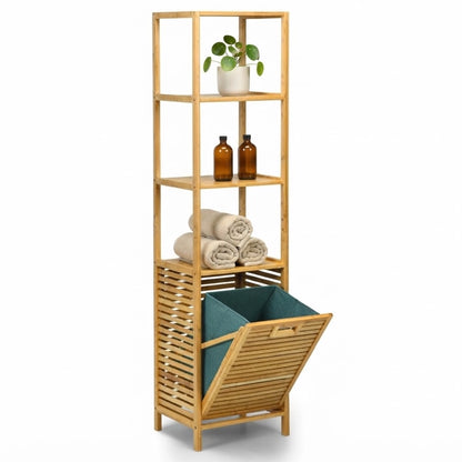 Colonne de salle de bain en bambou avec panier à linge ouvert sur fond blanc
